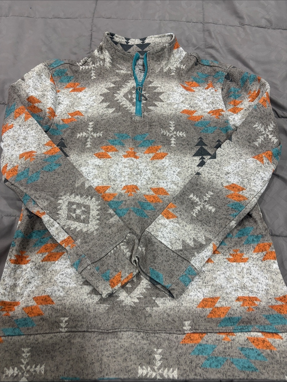 Men's Grey Aztec Quarter-Zip Sweater with Teal & Orange Accents